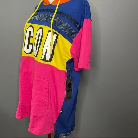 Encrypted “ICON” color block short sleeve hoodie front pocket shirt size XL - Picture 2 of 6